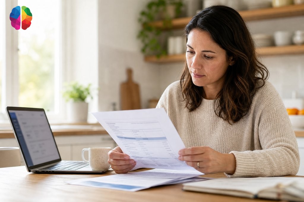 Parent reviewing extended health insurance documents at home to check psychoeducational assessment coverage