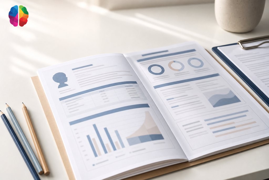Open psychoeducational assessment report document on a clean desk with organized structured pages and clinical materials