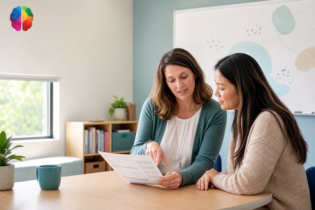 Resource teacher and parent reviewing psychoeducational assessment report for IEP accommodation planning in BC school