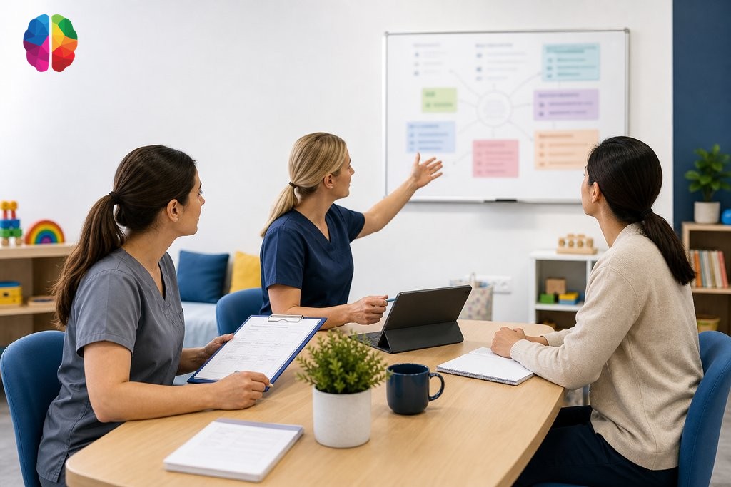 Multidisciplinary clinical team of psychologist, speech therapist, and occupational therapist collaborating on child assessment